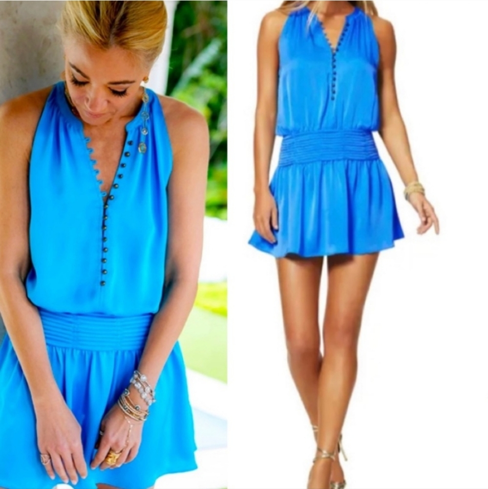 FLAWLESS SUPER RARE RAMY BROOK BLUE SLEEVELESS DELORES SMOCKED MINI DRESS SZ LG